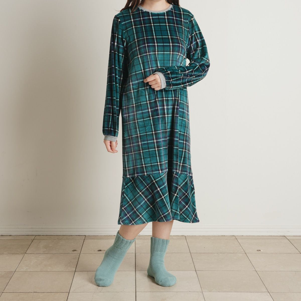 24ストレッチシャギータータンチェック[長袖ワンピース] | KID BLUE